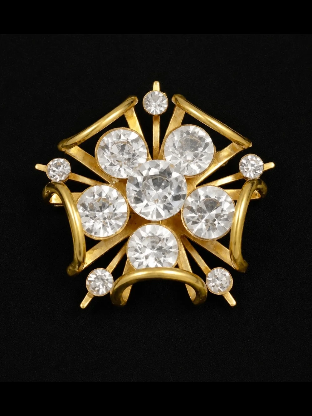 Vintage 60s Rhinestone Filigree Brooch Gold Tone Atomic Starburst Statement Pin